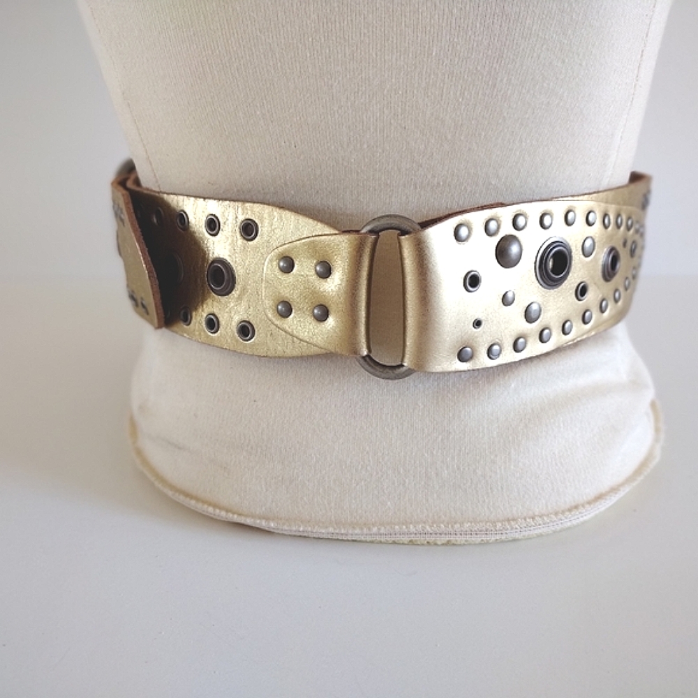 Fossil grommet gold leather wide belt L